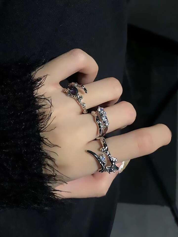 Goth 3pcs Rhinestone Decor Ring