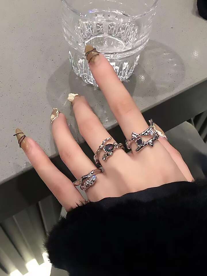 Goth 3pcs Rhinestone Decor Ring