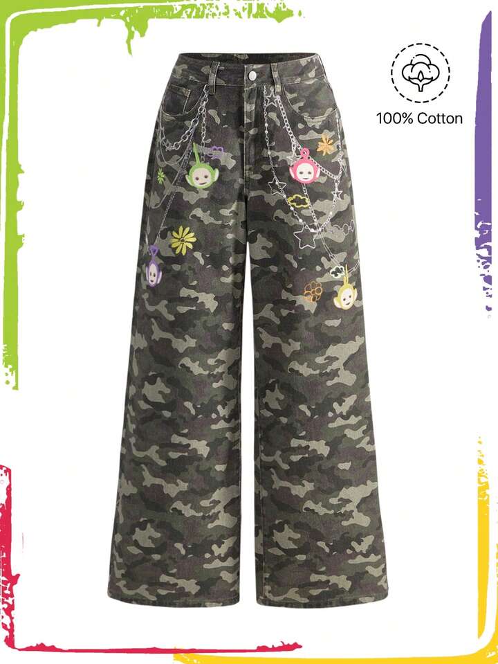 Teletubbies X ROMWE Women's Camouflage Chain Print Loose Fit Wide Leg Jeans