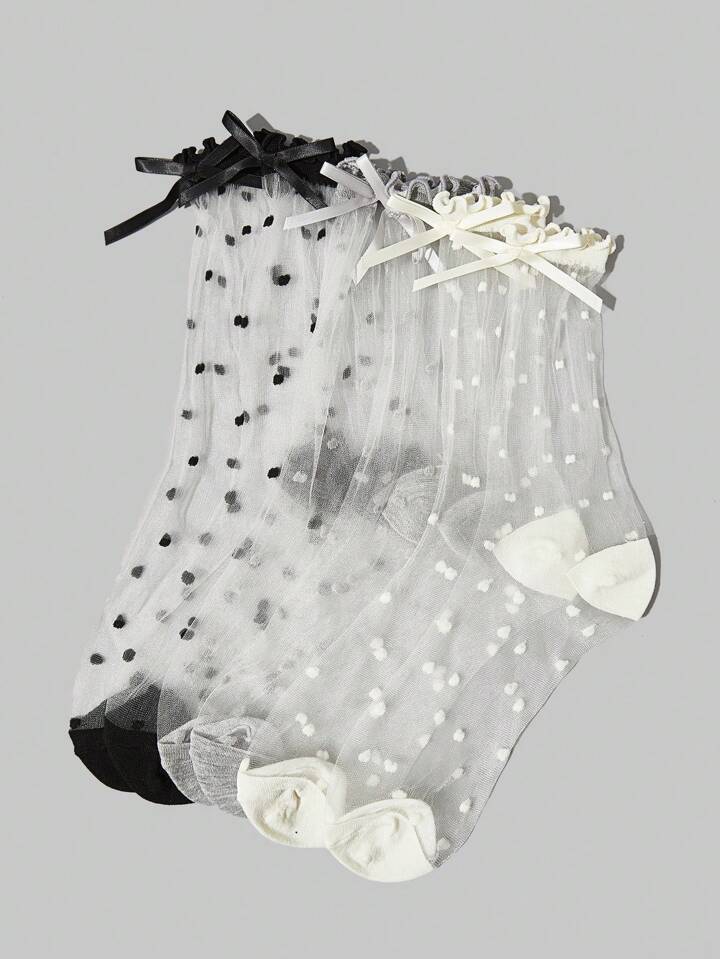 Fairycore 3pairs Women's Black, White, Grey 3-Color Bow Lace Polka Dot Thin Crew Socks