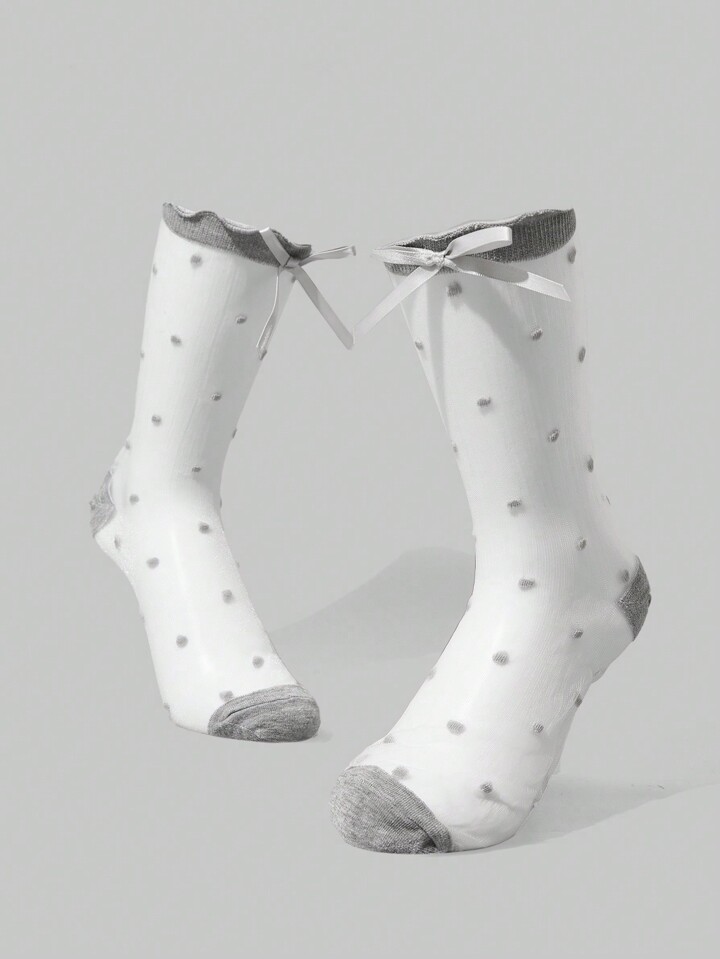 Fairycore 3pairs Women's Black, White, Grey 3-Color Bow Lace Polka Dot Thin Crew Socks