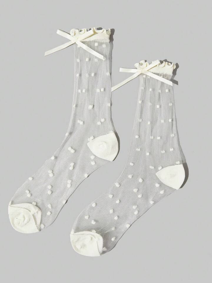 Fairycore 3pairs Women's Black, White, Grey 3-Color Bow Lace Polka Dot Thin Crew Socks
