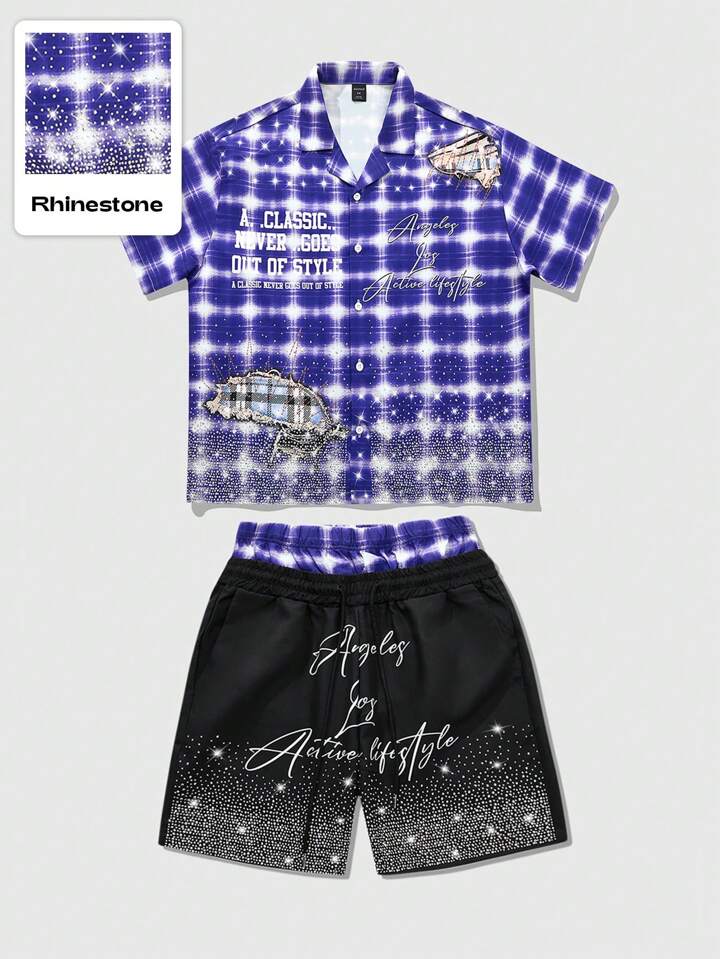 Men's Street Life Shirt And Shorts Set, American Style Rhinestone Graphic Plaid Shirt
