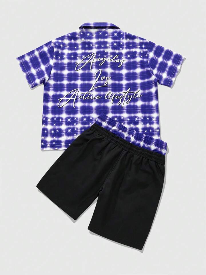 Men's Street Life Shirt And Shorts Set, American Style Rhinestone Graphic Plaid Shirt