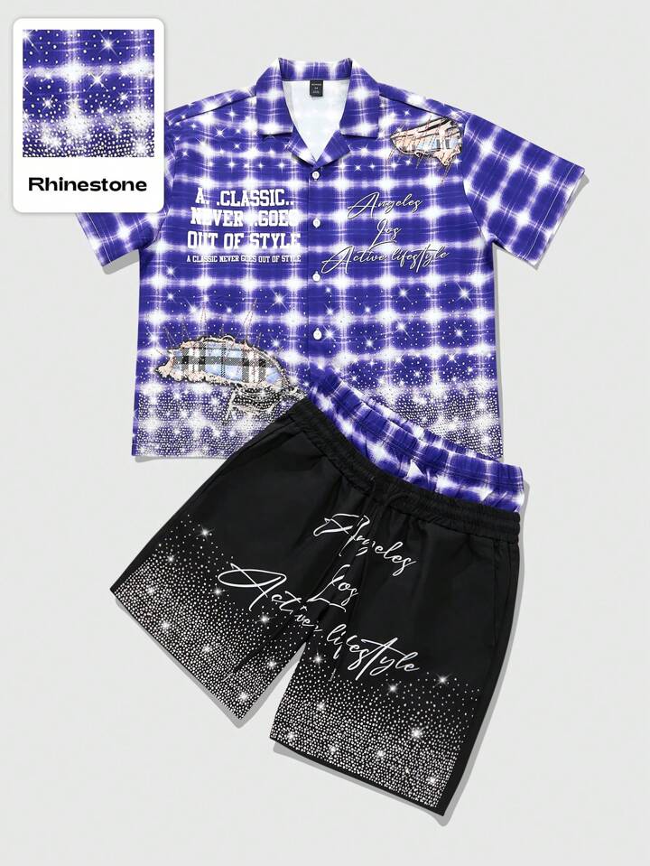 Men's Street Life Shirt And Shorts Set, American Style Rhinestone Graphic Plaid Shirt