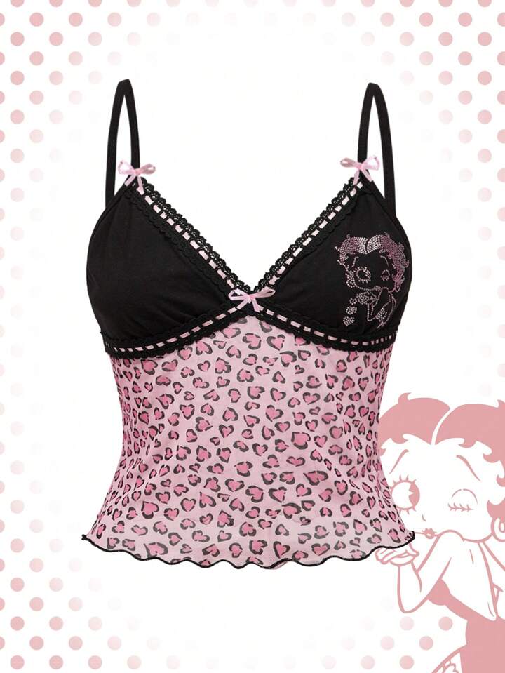 Betty Boop | ROMWE Plus Size Cartoon Character Rhinestone Embellished Heart Leopard Print Color Block Camisole Top For Summer