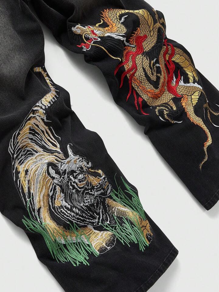 Anime Men's Chinese Dragon Embroidered Pocket Wide Leg Loose Casual Jeans