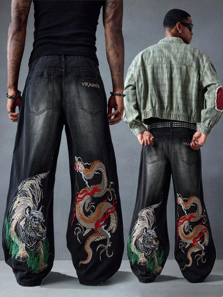Anime Men's Chinese Dragon Embroidered Pocket Wide Leg Loose Casual Jeans