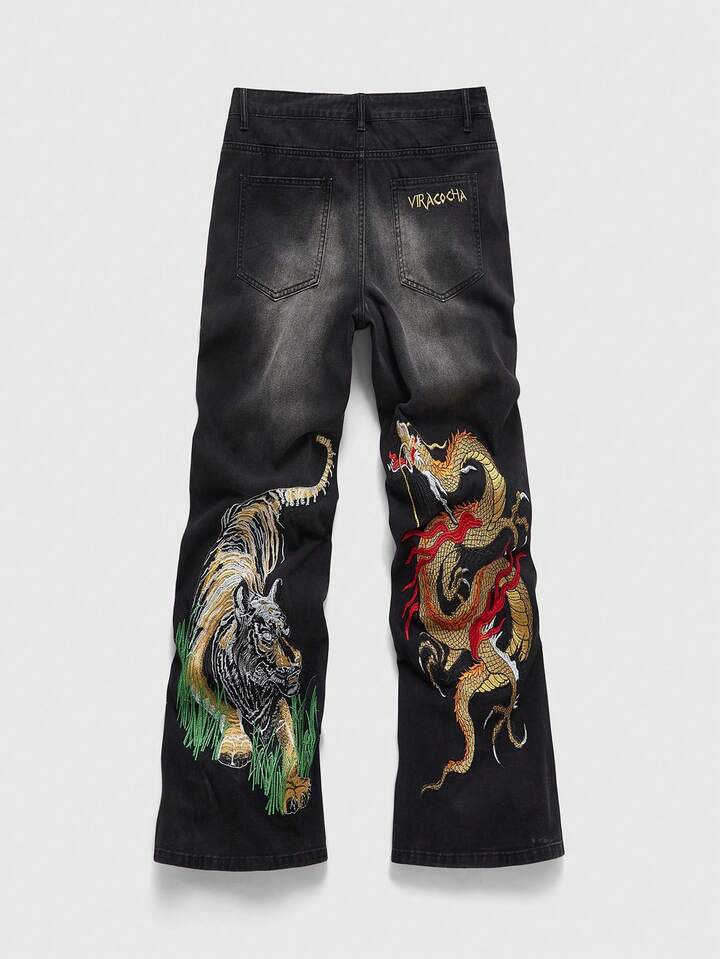 Anime Men's Chinese Dragon Embroidered Pocket Wide Leg Loose Casual Jeans