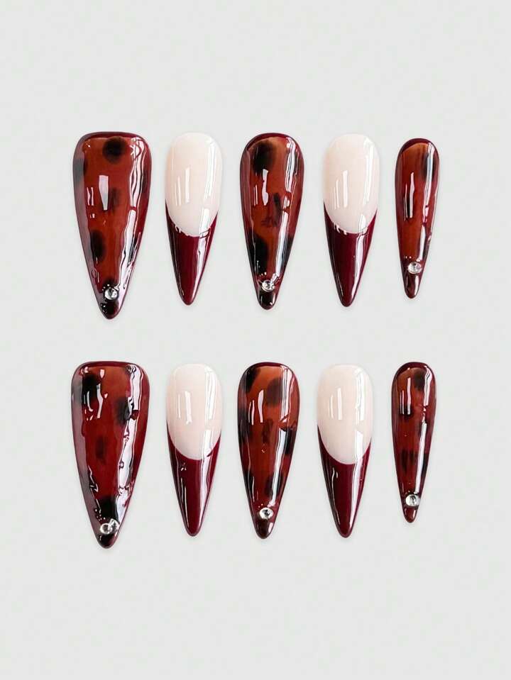10pcs High Quality Rhinestone Leopard Print Handmade False Nails + 3pcs Double-Sided Adhesive, Y2K Gothic Leopard Print Nail Art, Removable And Reusable Nail Art Sticker, Suitable For Holidays, Parties, Dancing And Daily Wear, Halloween