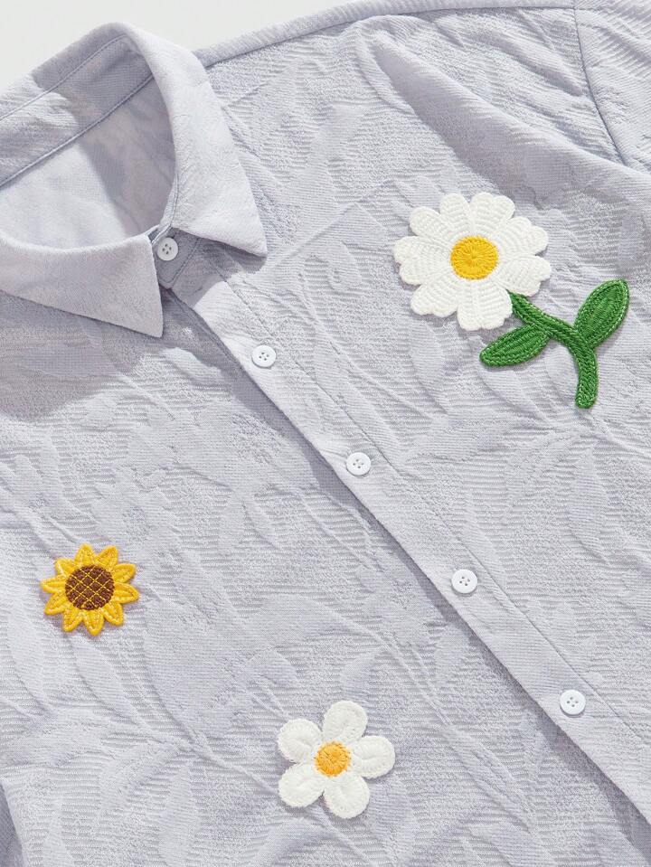 Casual Men's Single-Breasted Flower & Sunflower Embroidered Short Sleeve Shirt