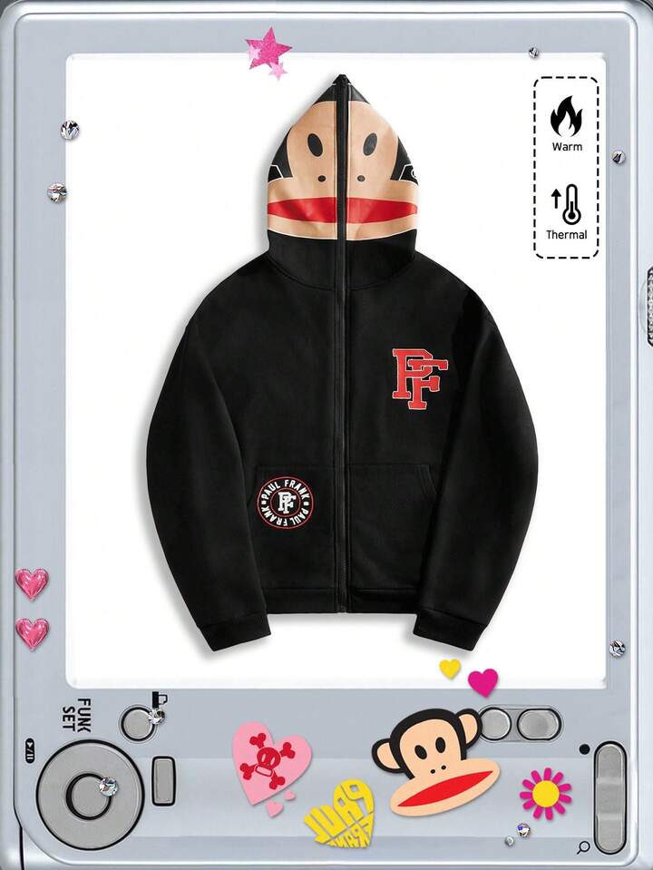 Paul Frank X ROMWE Men's Letter & Cartoon Graphic Zip-Up Hoodie Sweatshirt , Fall Winter
