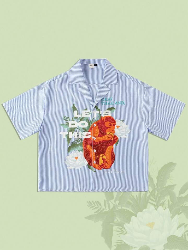 The White Lotus Men's Casual Loose Fit Tropical Monkey & Striped Pattern Lapel Collar Drop Shoulder Summer Resort Shirt