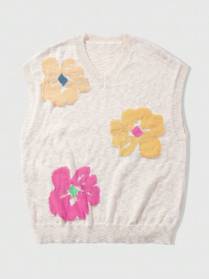 Men's Floral Jacquard V-Neck Casual Loose Knit Vest