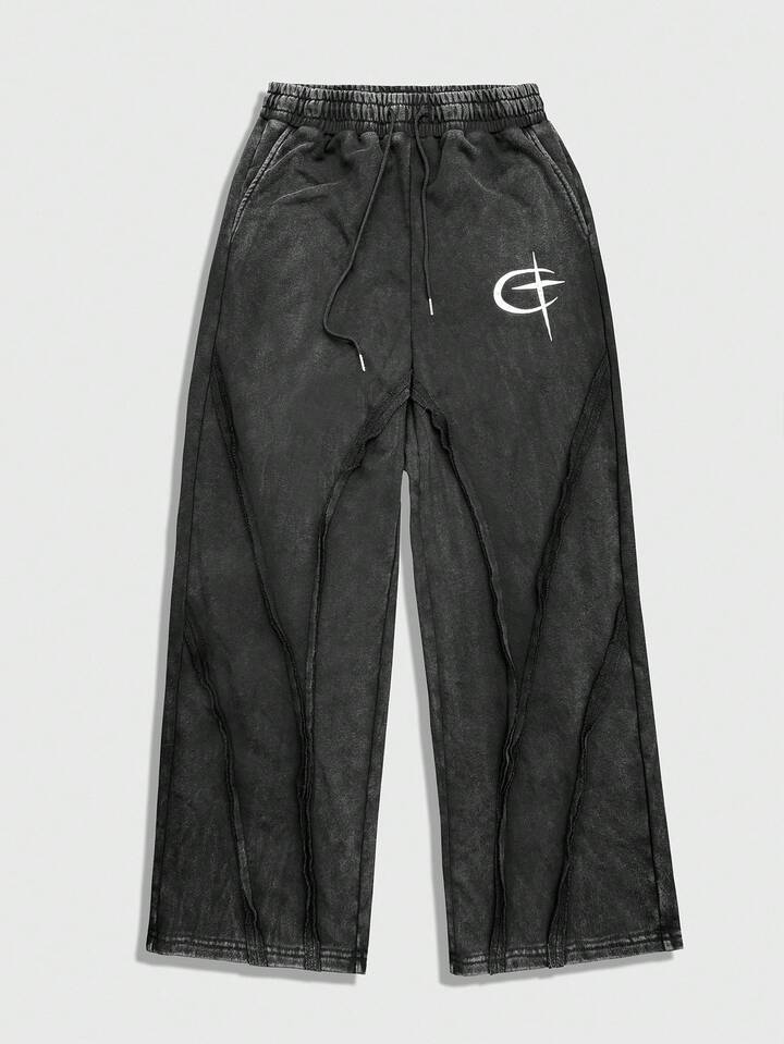 Street Life Men's Casual Washed Cross Print Drawstring Waist Sweatpants