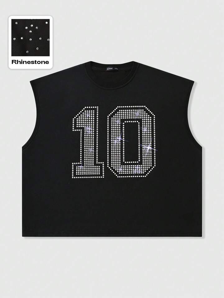 Men's Street Life Sparkling Diamond Number Decorated Loose Short Top, Rave