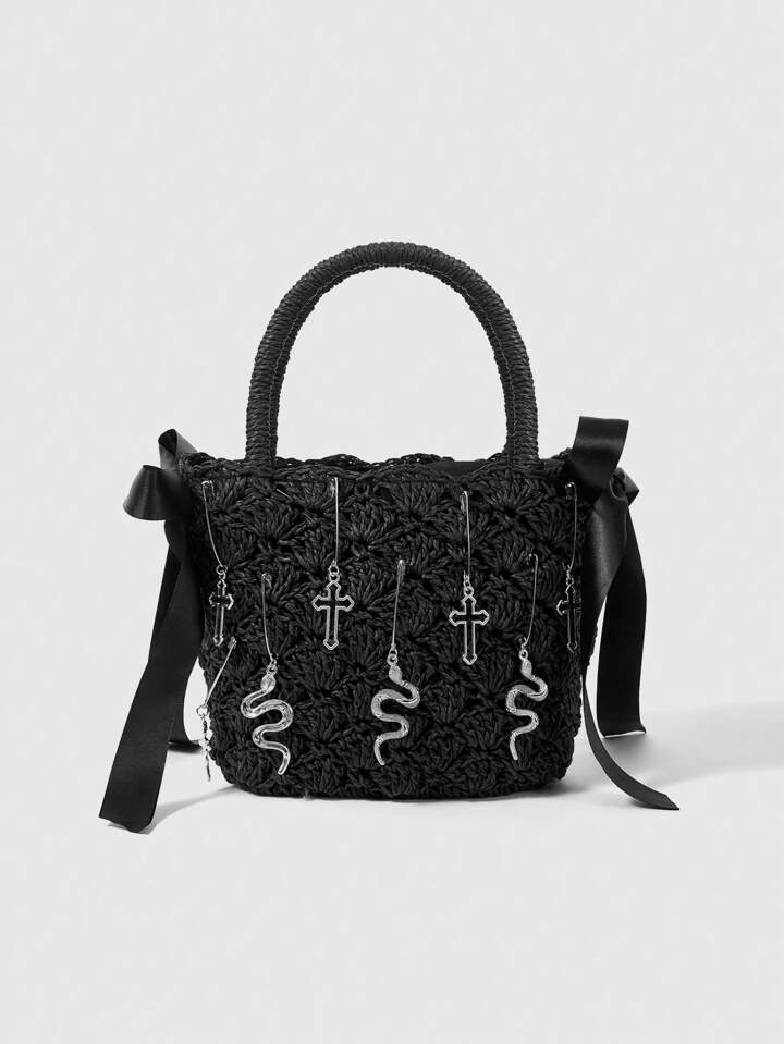 Gothic Style Cross, Snake & Bowknot Woven Ladies Handbag, Halloween, Halloween Bags Perfect For Fancy Party Matching With Halloween Costumes