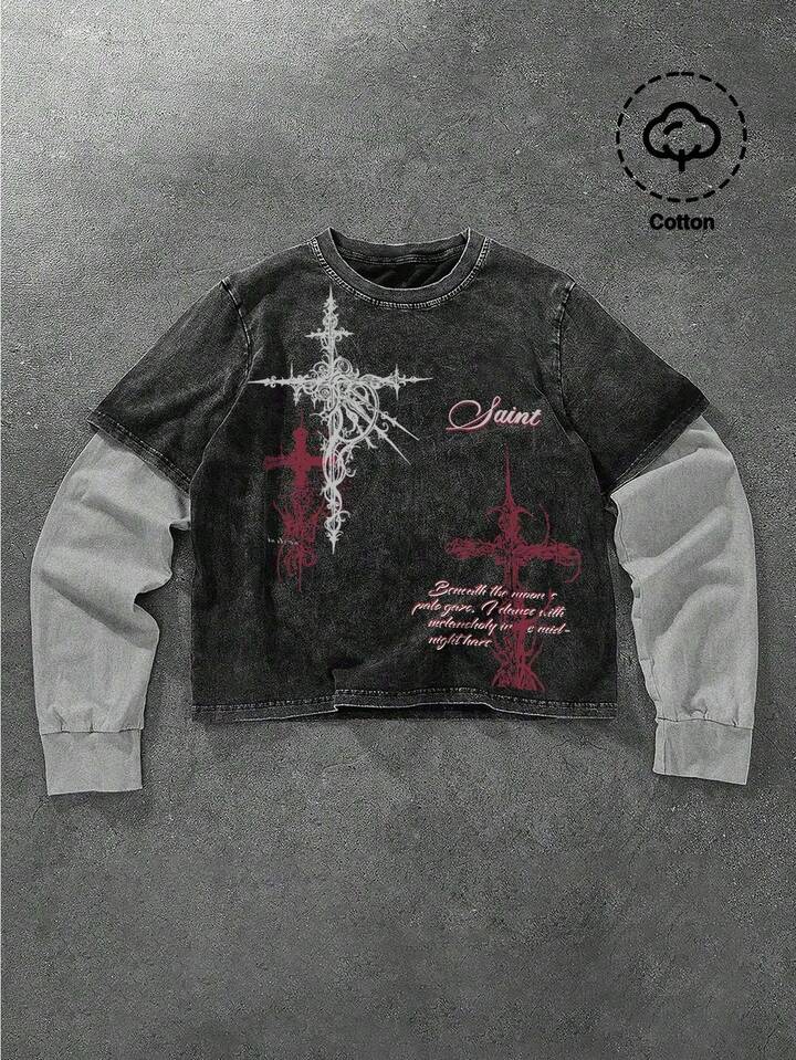 Men's Casual Vintage Contrast Color Slogan & Cross Print 2 In 1 T-Shirt
