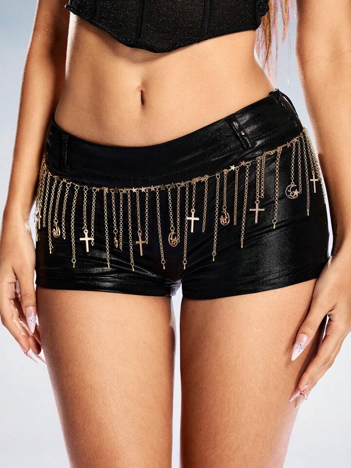 Grunge Punk 1pc Women's Gold-Color Moon, Star, Rhinestone & Cross Decor Tassel Waist Chain Dress Accessory, Versatile Daily/Festival Outfit