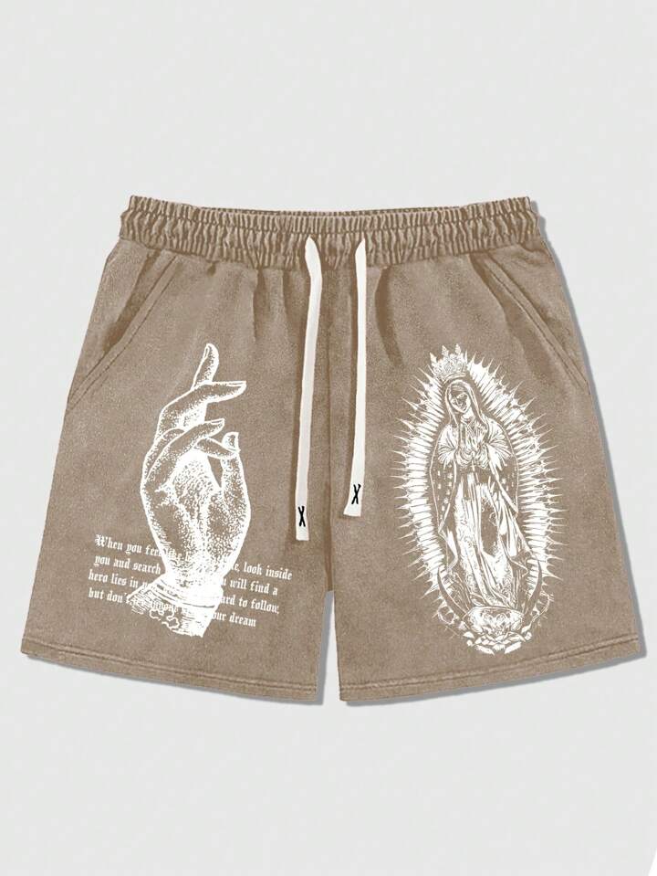 Men's Drawstring Waist Washed Vintage Slogan & Hand Gesture Print Shorts