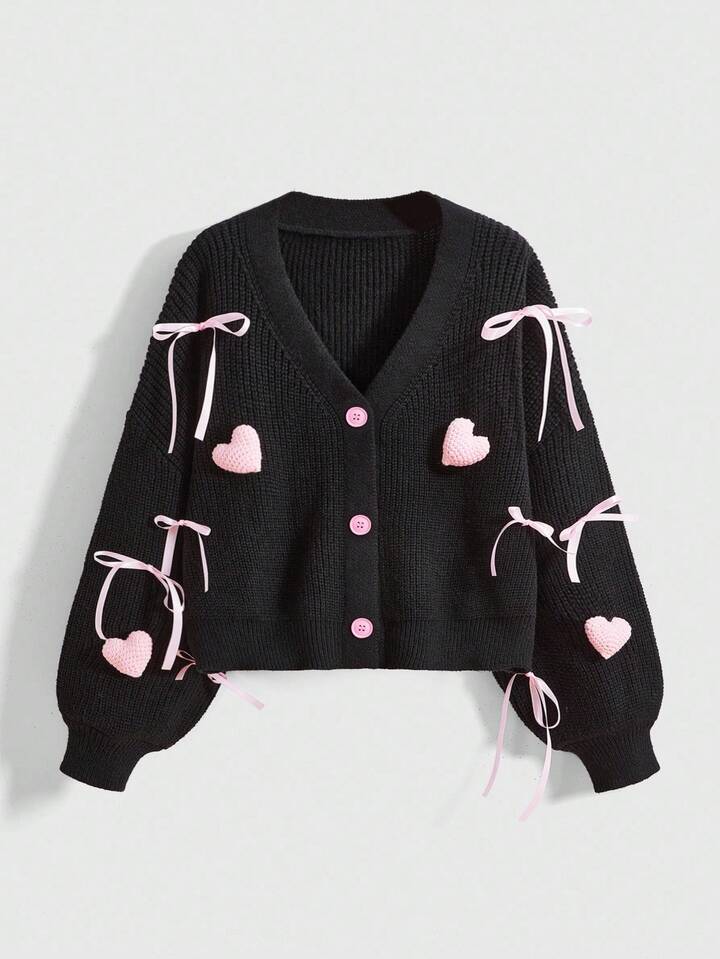 Kawaii Plus Size Autumn/Winter Cute Heart Shaped Ribbon Decor Knitted Cardigan