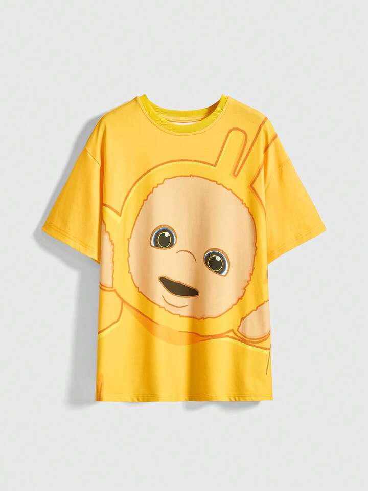 Teletubbies X ROMWE Women's Casual Cute Cartoon Graphic Loose Fit Round Neck T-Shirt, Suitable For Daily Commute, Summer