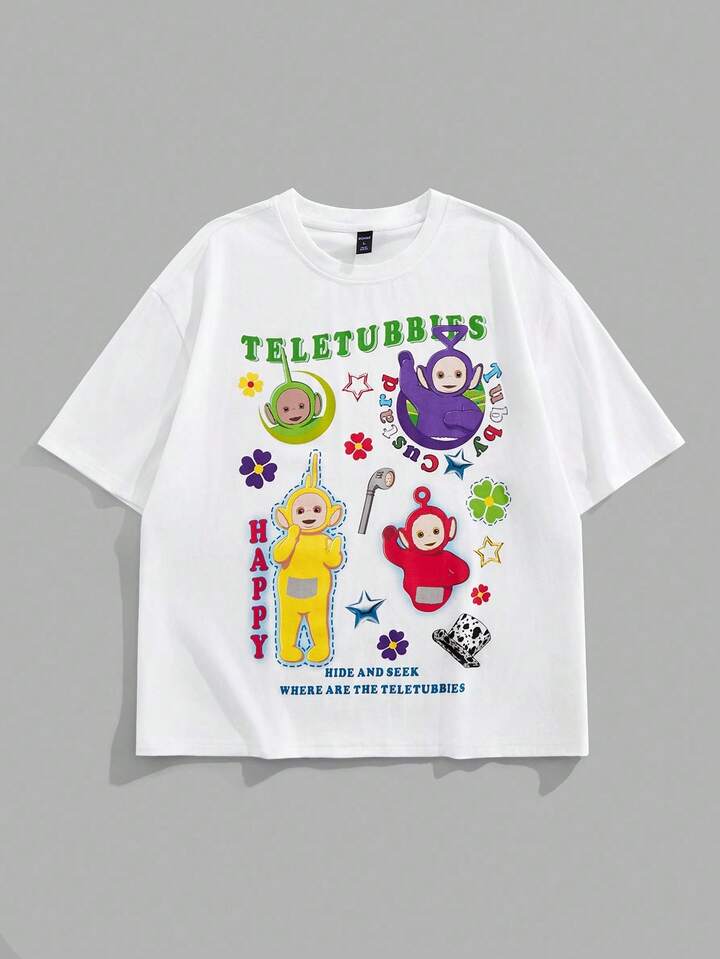 Teletubbies X ROMWE Men's Casual Cute Cartoon & Letter Print Round Neck Short Sleeve T-Shirt, Summer