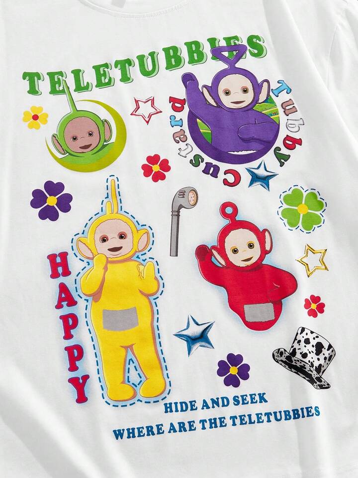 Teletubbies X ROMWE Men's Casual Cute Cartoon & Letter Print Round Neck Short Sleeve T-Shirt, Summer