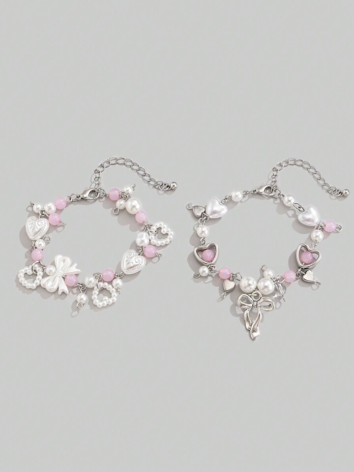 Kawaii 2pcs Lovely Sweetheart Bow Faux Pearl Pendant Bracelet Set, Friendship & Couple Gift, Valentine's Day Present Valentines,Mom,Mother,Mother's Day,Gift