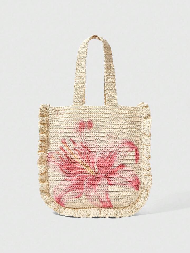 Fairycore Vacation Casual Floral Print Woven Shoulder Bag