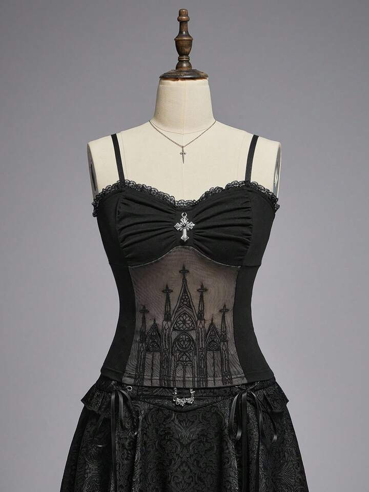 EDITION Gothic Cross Pendant Romantic Lace Patchwork Flocked Bodysuit For Women