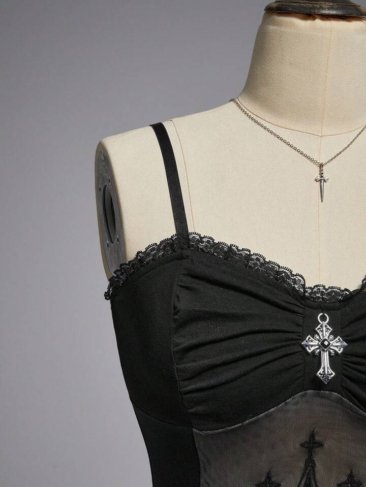 EDITION Gothic Cross Pendant Romantic Lace Patchwork Flocked Bodysuit For Women