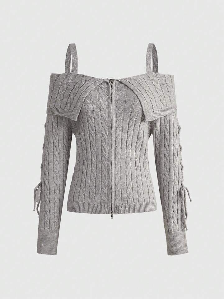 Y2K Style Women's Fitted Ribbed Knit Cardigan With Off-Shoulder Collar And Waist Cinching