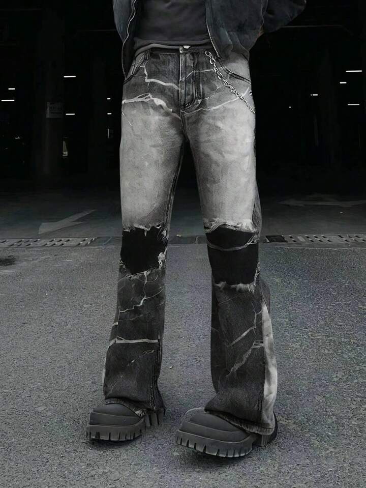 Street Life Men's Grunge Front Button Pocket Print Simple Casual Jeans