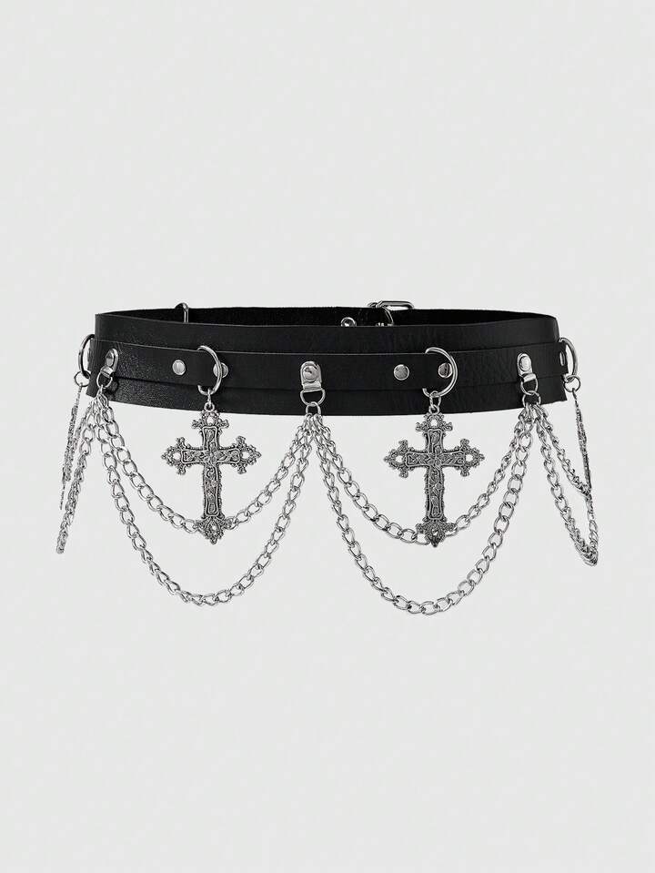 Grunge Punk 1pc Women's Chain Belt & Pants Belt, Black Single-Layer Chain Cross Decor Goth Style Chain Waist Belt, Versatile Accessory For Dress, Halloween