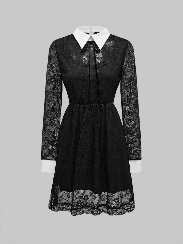 Gothic Contrast Lace Waist Trim Lace Hem Women's Mini Dress For Party