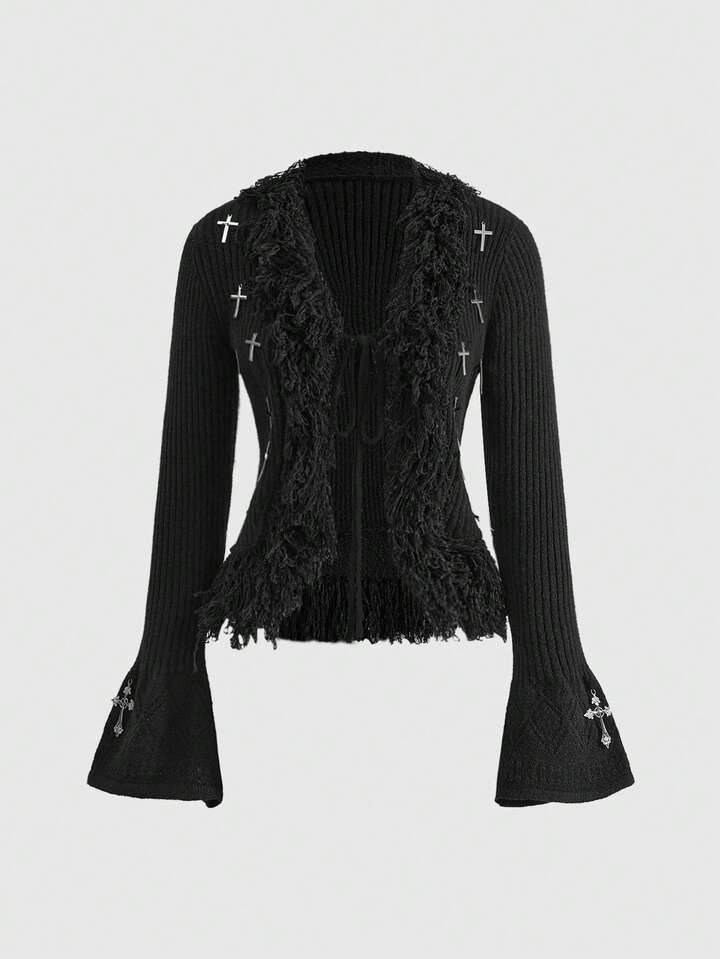 Goth Dark Autumn/Winter Versatile Waist Cinched Tassel Cross Decor Fitted Cardigan For Women