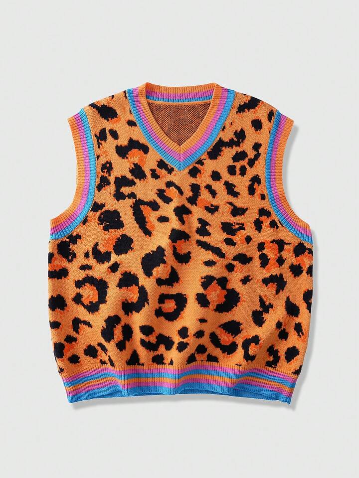 Street Life Men's V-Neck Contrast Color Sleeveless Casual Fashionable Leopard Print Knit Vest