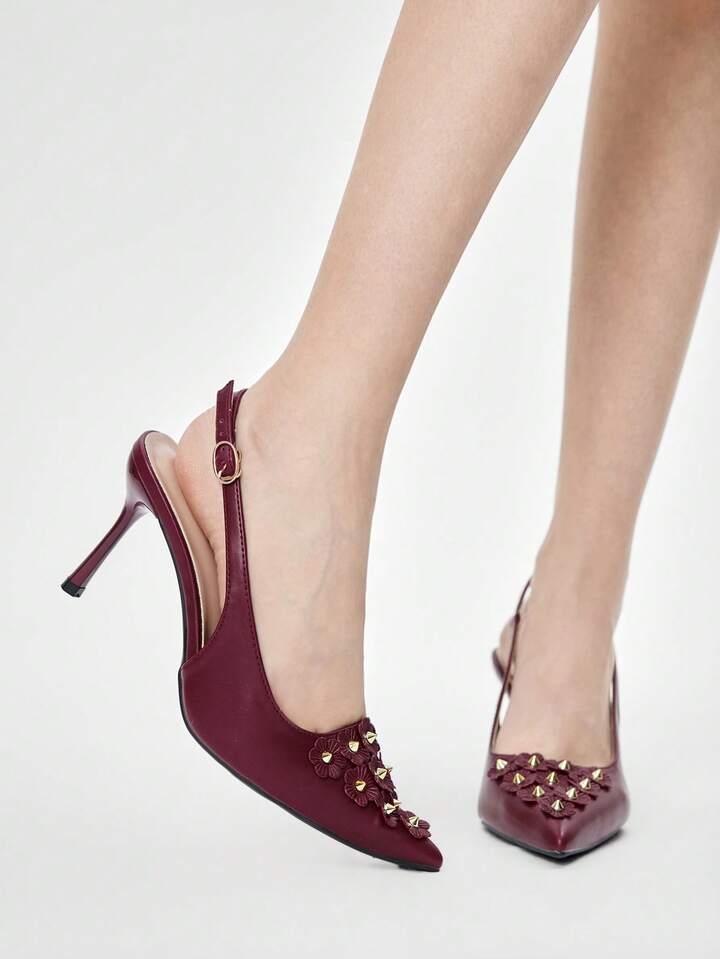 Women's Elegant Commuter Pumps With Stud And 3D Floral Decor, Pointed Toe Valentine's Day