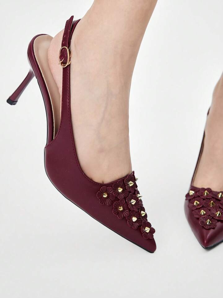 Women's Elegant Commuter Pumps With Stud And 3D Floral Decor, Pointed Toe Valentine's Day