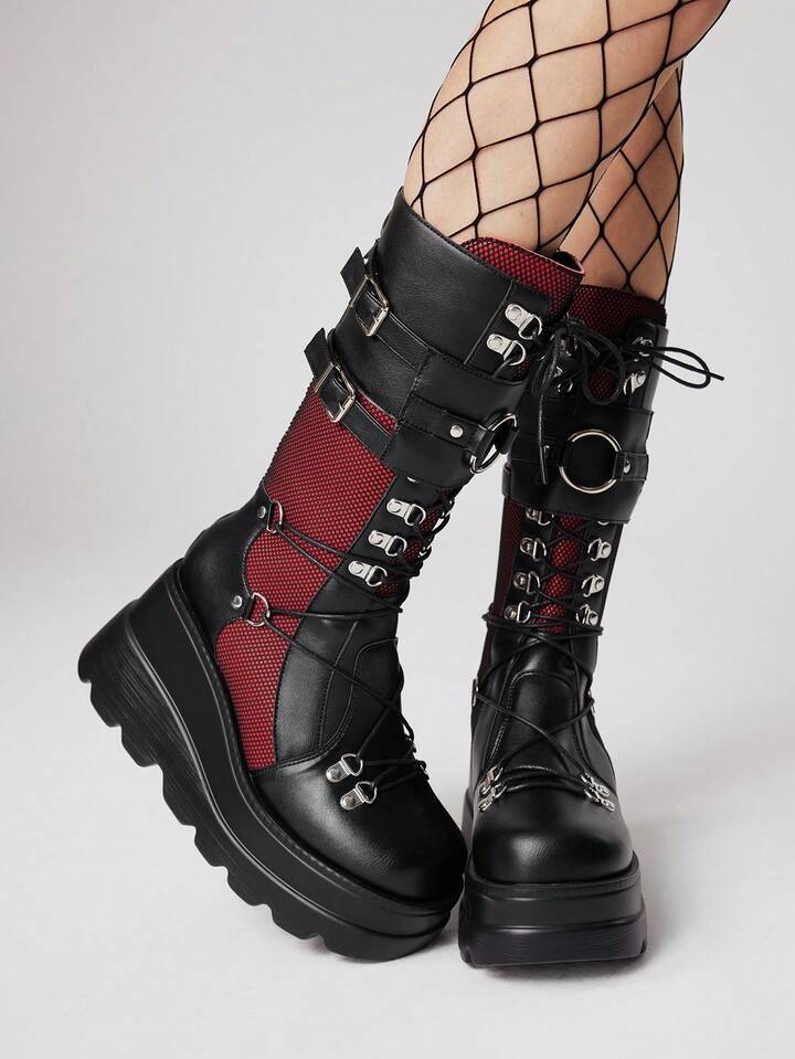 Grunge Punk Women's Wine Red Round Toe Platform Thick Sole Gothic Punk Dark Rivet Double Buckle Chain Belt Buckle Fashion Ankle Boots For Christmas