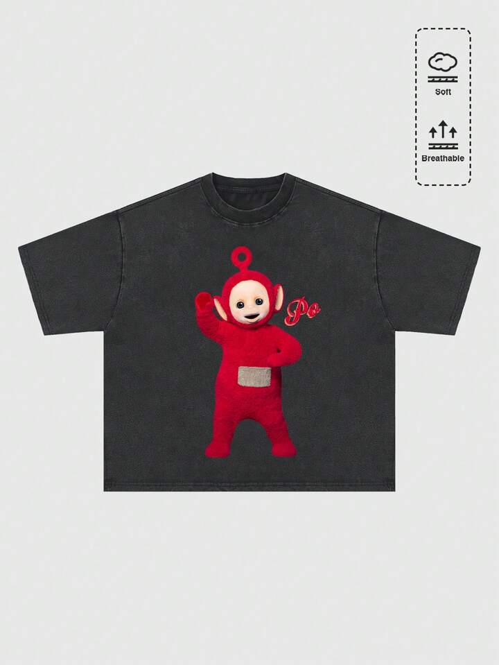 Teletubbies X ROMWE Men's Casual Everyday Commute Fashion Distressed Cartoon Print Loose T-Shirt, Summer