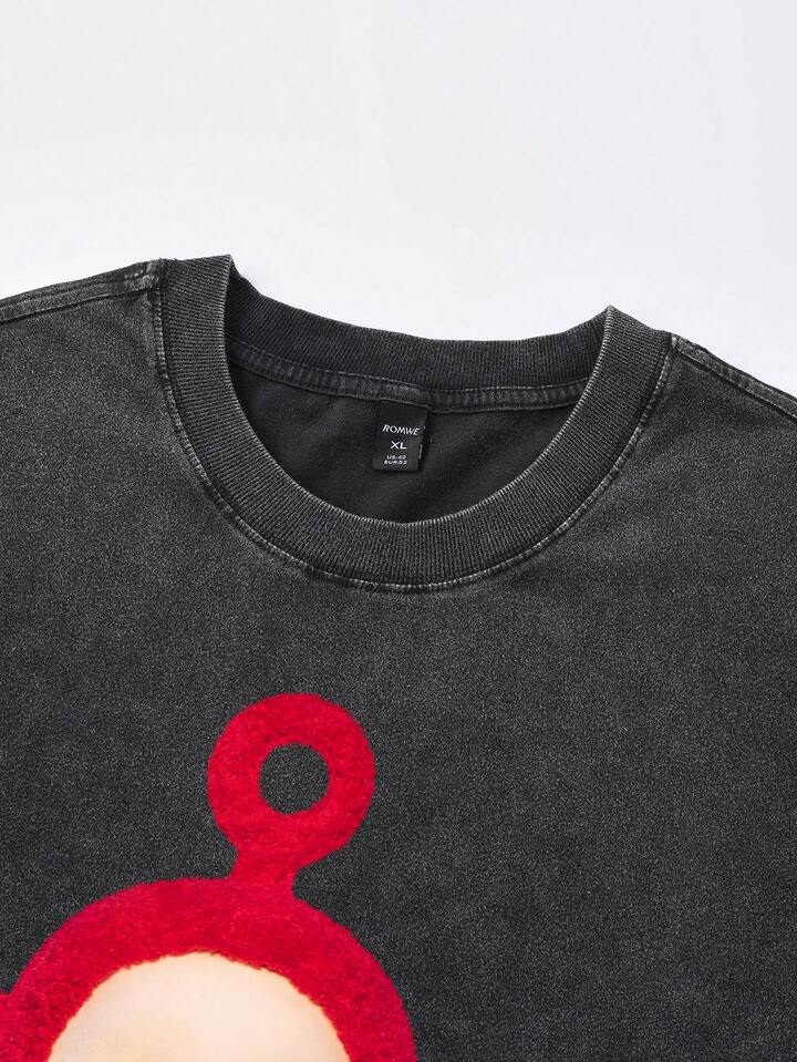 Teletubbies X ROMWE Men's Casual Everyday Commute Fashion Distressed Cartoon Print Loose T-Shirt, Summer