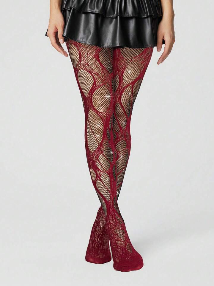 Grunge Punk 1 Pair Of Minimalist Black Hot Diamond Mesh Socks + 1 Pair Of Ripped Lace Jacquard Pantyhose, Goth Pantyhose Stacking Combination Set, Daily Versatile Semi-Transparent Sexy Elastic Pantyhose