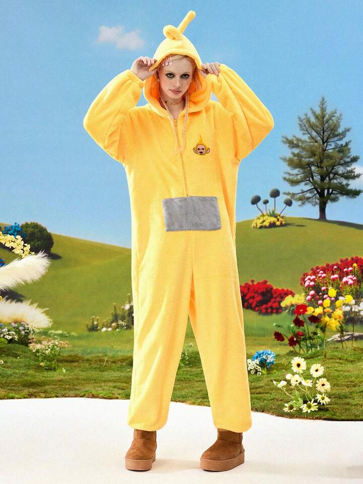 Teletubbies X ROMWE Women's Cartoon Embroidered Plush Fabric Cute 3D Hooded One-Piece Pajama Jumpsuit