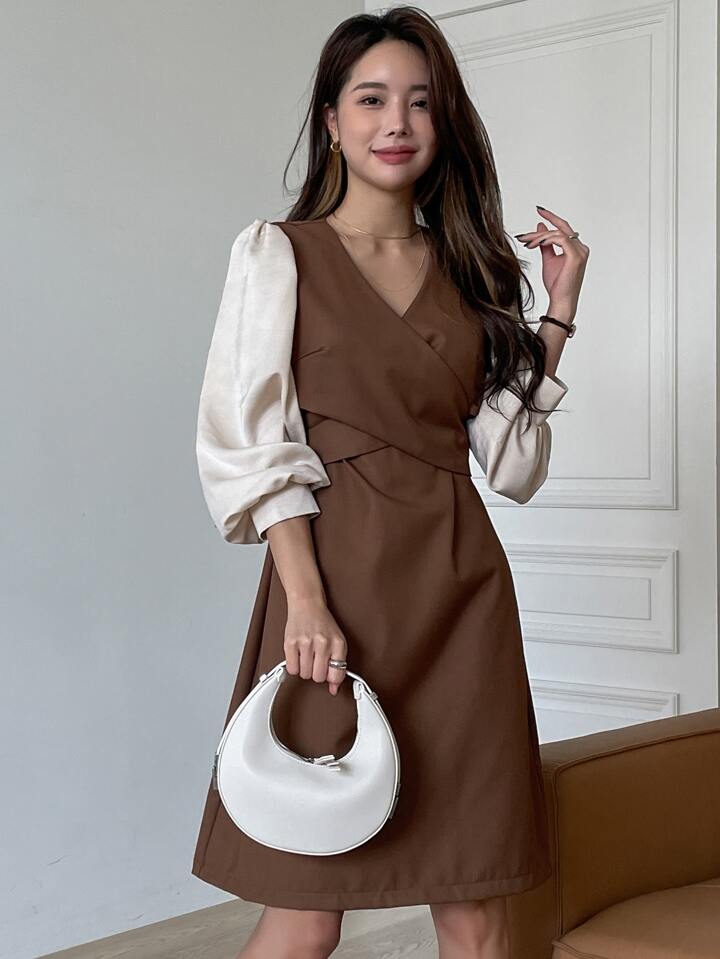 Crossover Tie Back Lantern Sleeve Dress Work Women Clothes,Fall Dress Long Sleeve Dress