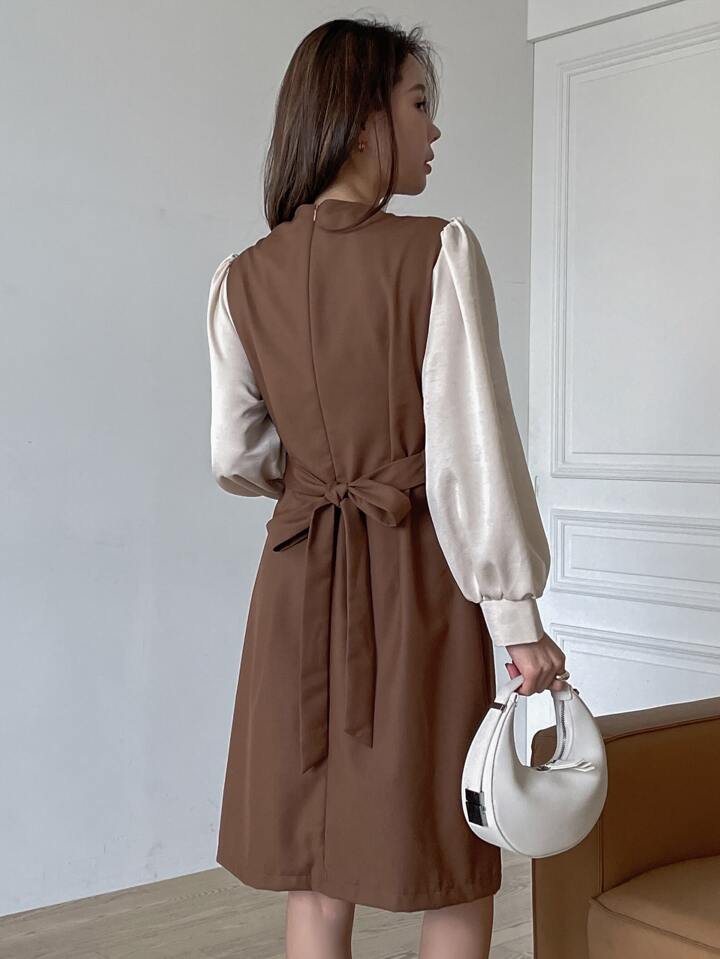 Crossover Tie Back Lantern Sleeve Dress Work Women Clothes,Fall Dress Long Sleeve Dress