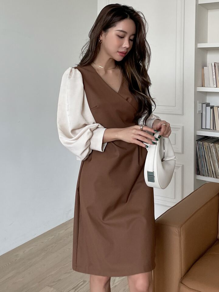 Crossover Tie Back Lantern Sleeve Dress Work Women Clothes,Fall Dress Long Sleeve Dress