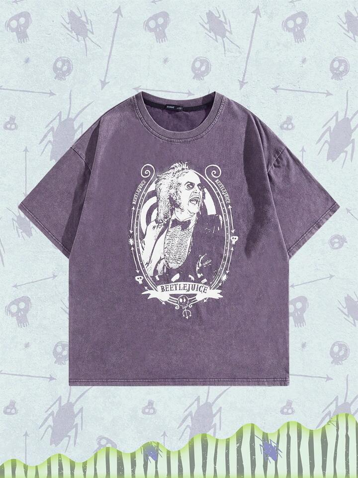 Beetlejuice | ROMWE Men's Casual Loose Fit Figure Graphic & Letter Print Short Sleeve T-Shirt, Summer
