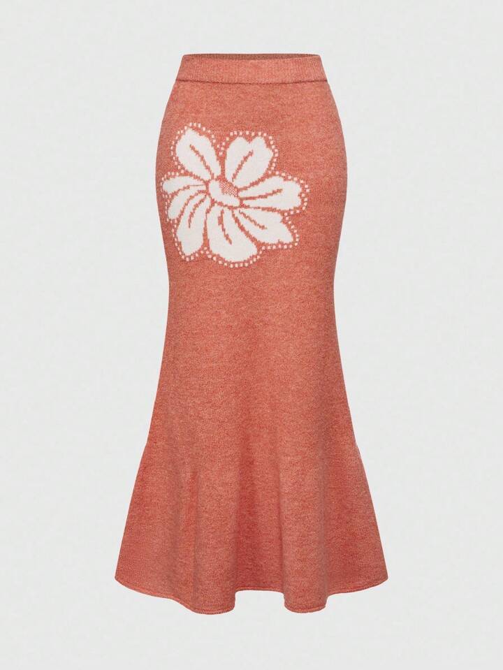 Women's Floral Jacquard Knitted Skirt, New Arrival Elegant Long Skirt For Early Autumn